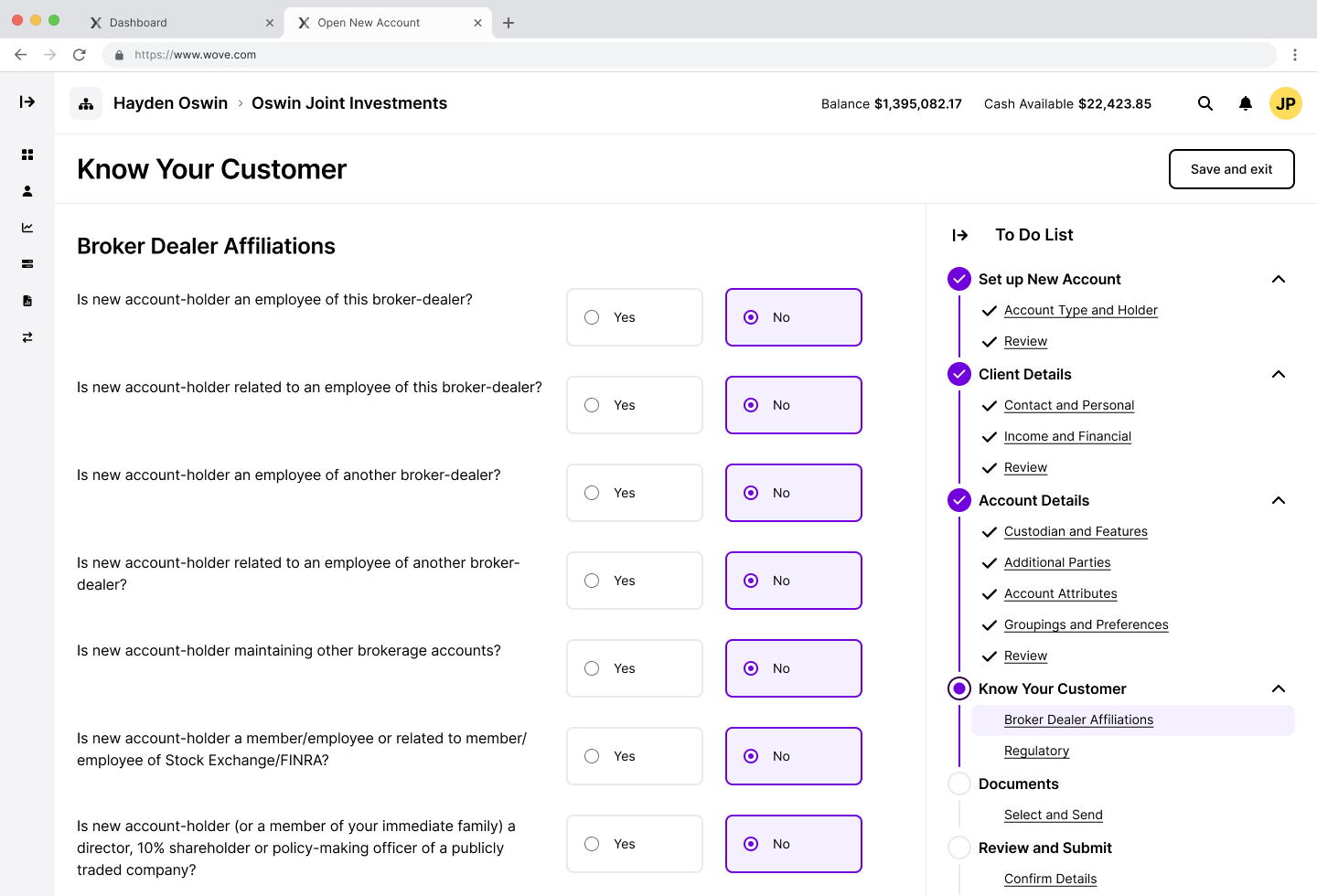KYC as a separate section in the NAO design, with Broker Dealer Affiliations and Regulatory sub-categories